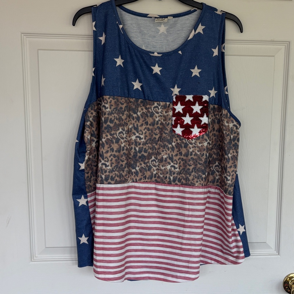 Patriotic Star & Stripe Tank Top with Leopard Panel